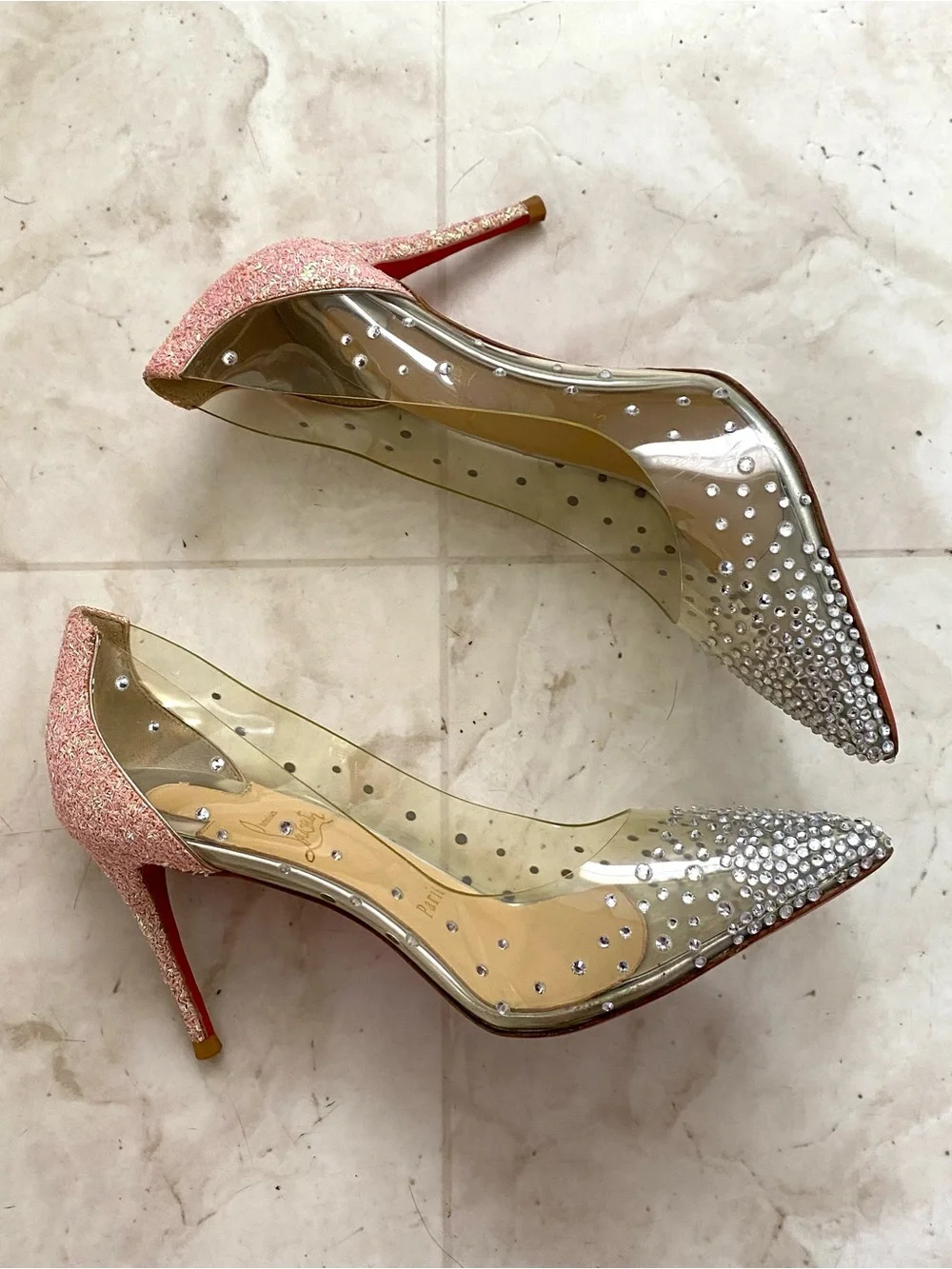 $1495 Christian Louboutin Degrastrass PVC Crystal Pink Glitter Pumps Heels 6/36